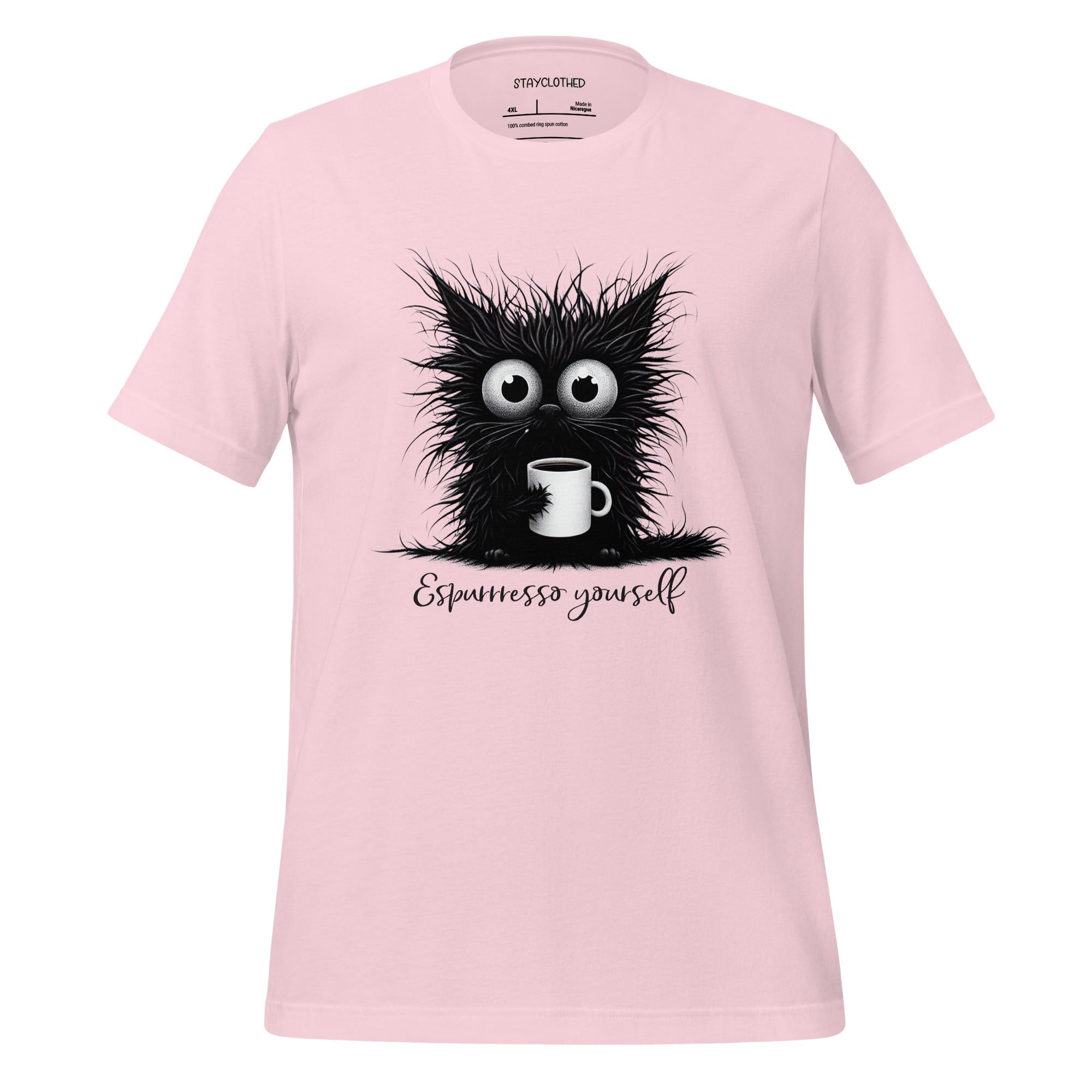 Pink t-shirt with a black cat graphic and 'StayClothed' branding on a wooden surface.