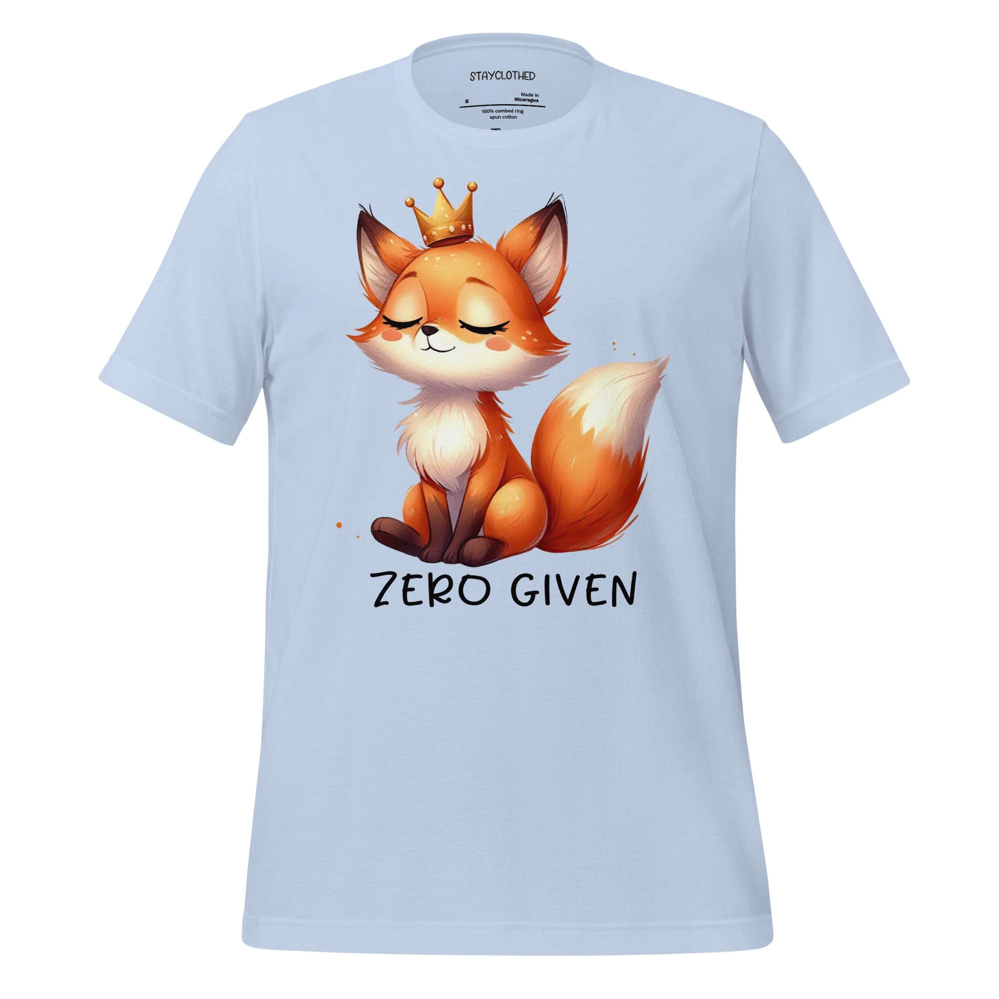 White t-shirt with a fox graphic and 'Zero Given' text on a wooden surface, featuring the brand 'StayClothed'.