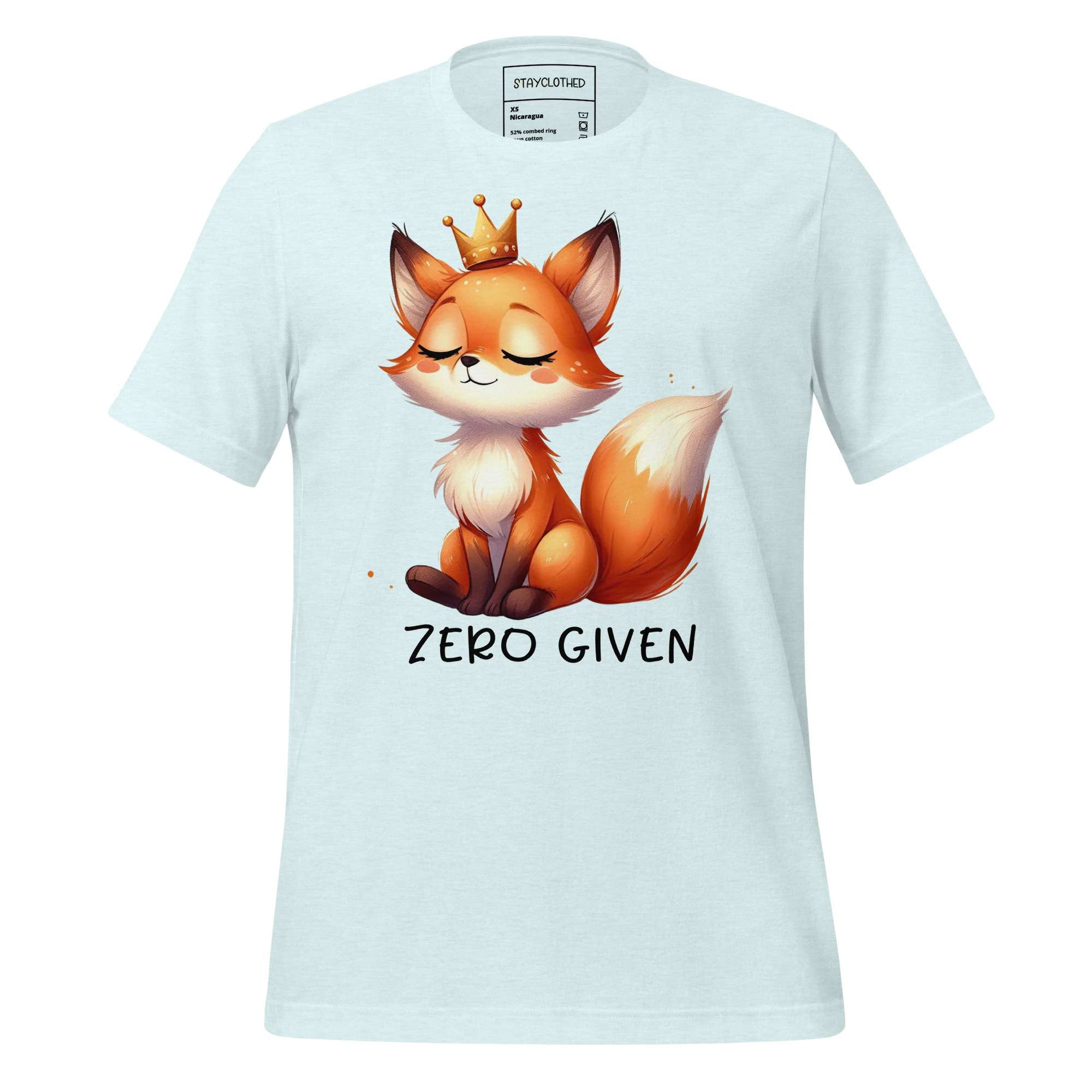 White t-shirt with a fox graphic and 'Zero Given' text on a wooden surface, featuring the brand 'StayClothed'.
