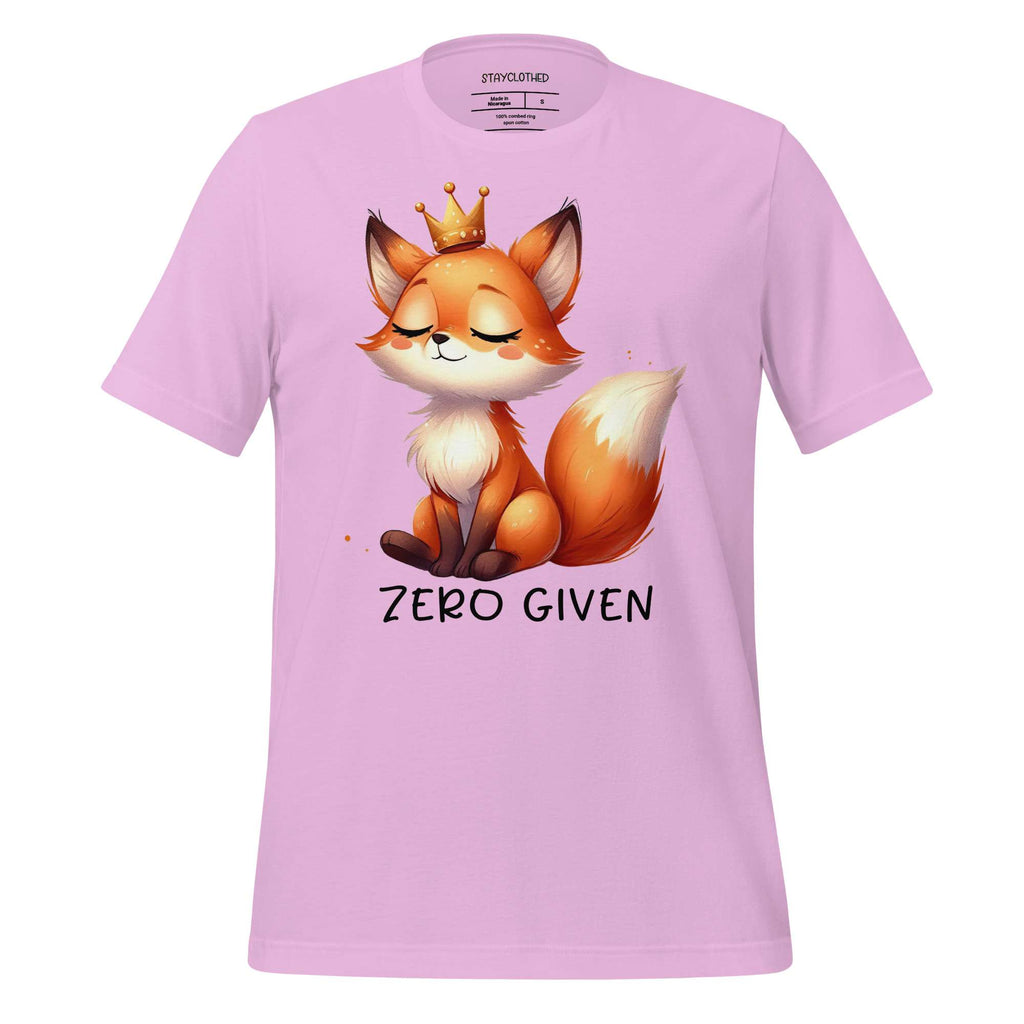 Pink t-shirt with a fox graphic and 'Zero Given' text on a wooden surface, branded 'StayClothed'.