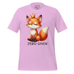 Pink t-shirt with a fox graphic and 'Zero Given' text on a wooden surface, branded 'StayClothed'.