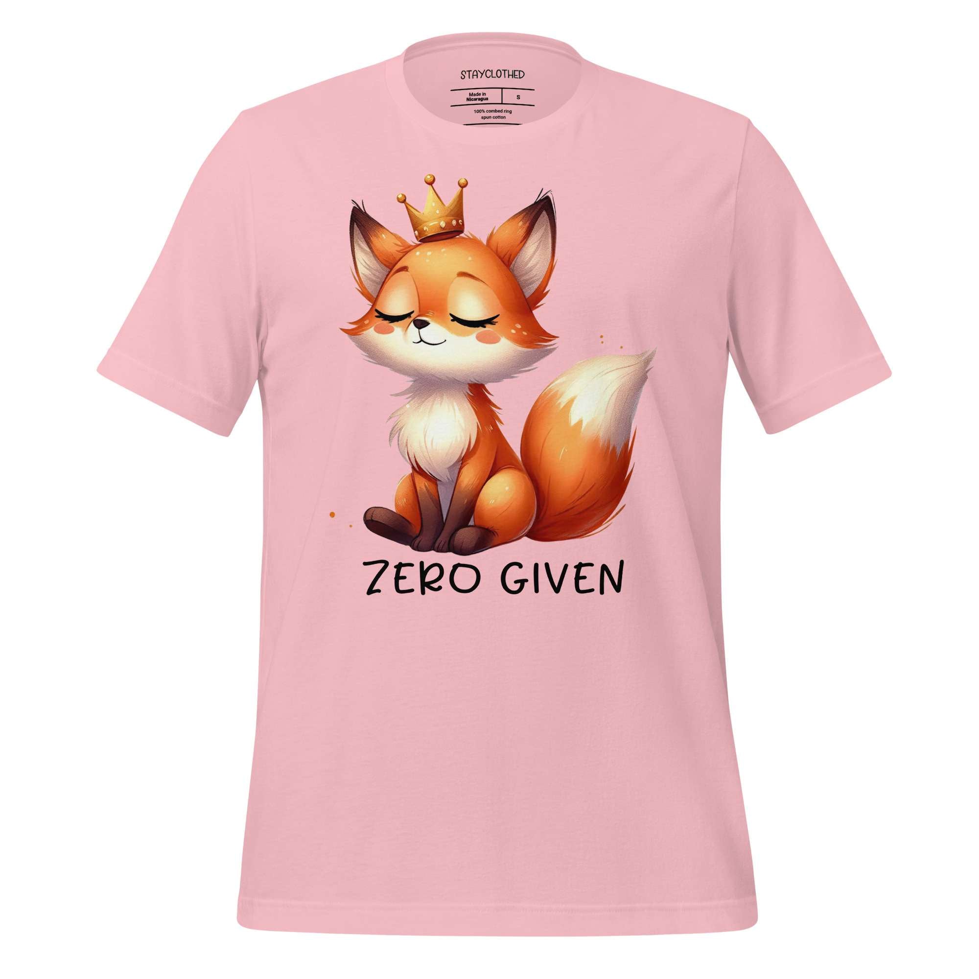 Pink t-shirt with a fox graphic and 'Zero Given' text on a wooden surface, branded 'StayClothed'.