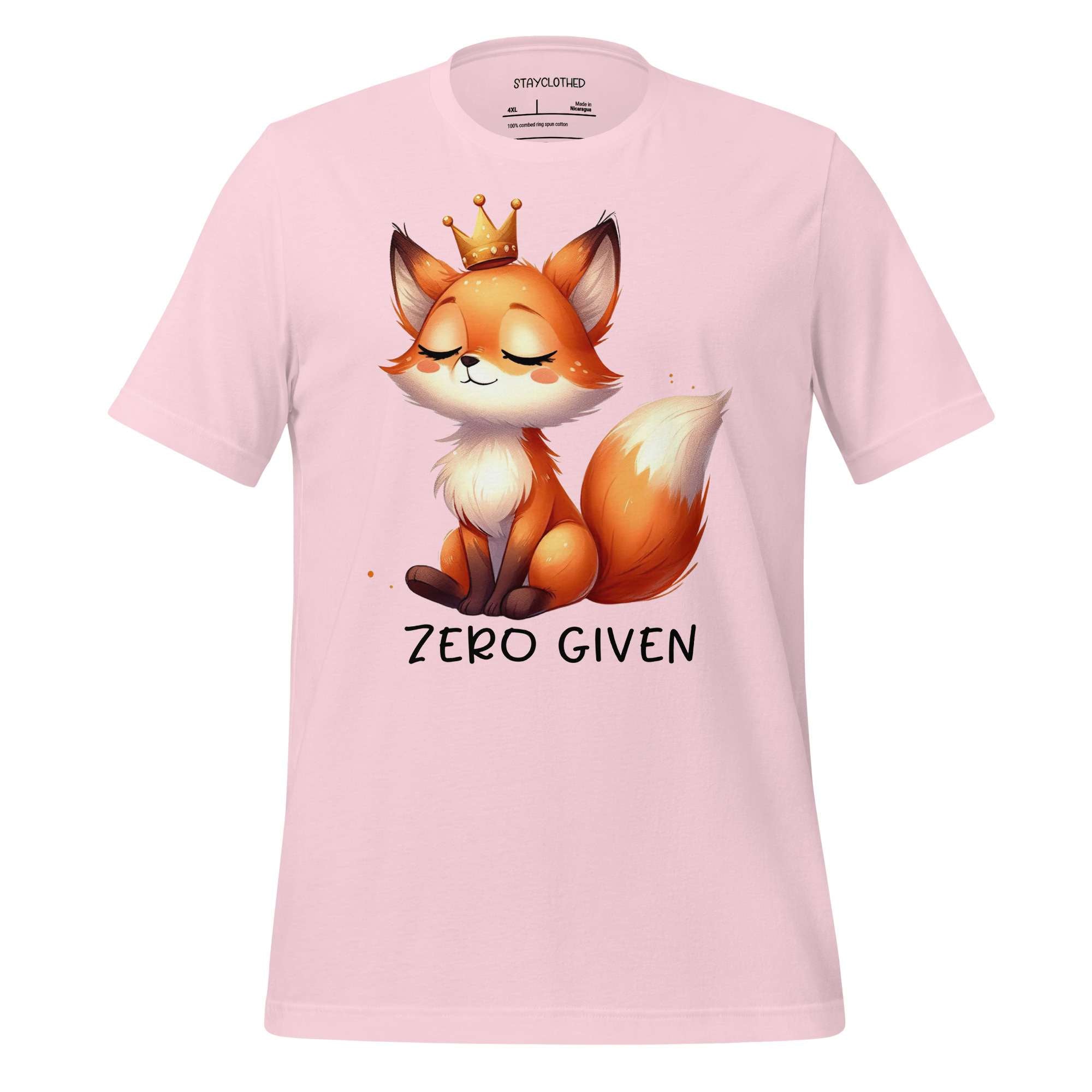 Pink t-shirt with a fox graphic and 'Zero Given' text on a wooden surface, branded 'StayClothed'.