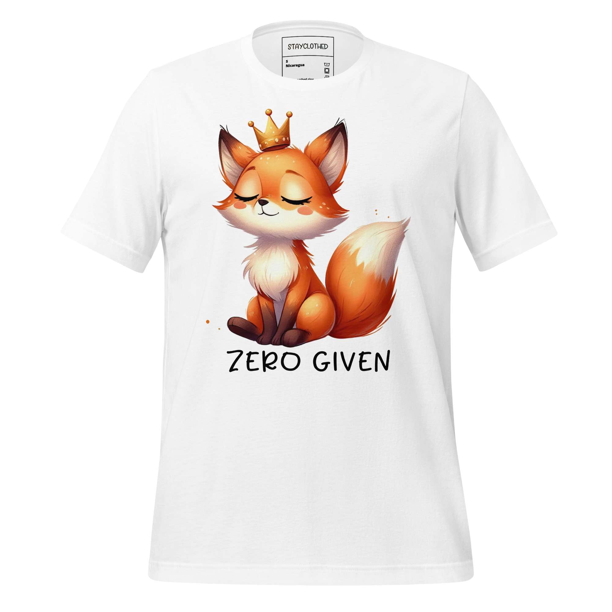 White t-shirt with a fox graphic and 'Zero Given' text on a wooden surface, featuring the brand 'StayClothed'.