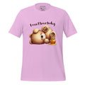 Pink t-shirt with teddy bear graphic and text 'I can't bear today' on a wooden surface, featuring the brand 'StayClothed'.