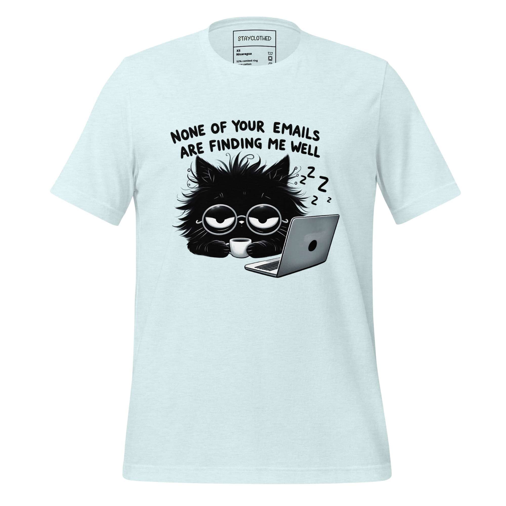 White t-shirt with a black cat graphic and text on a wooden surface, featuring the brand 'StayClothed'.