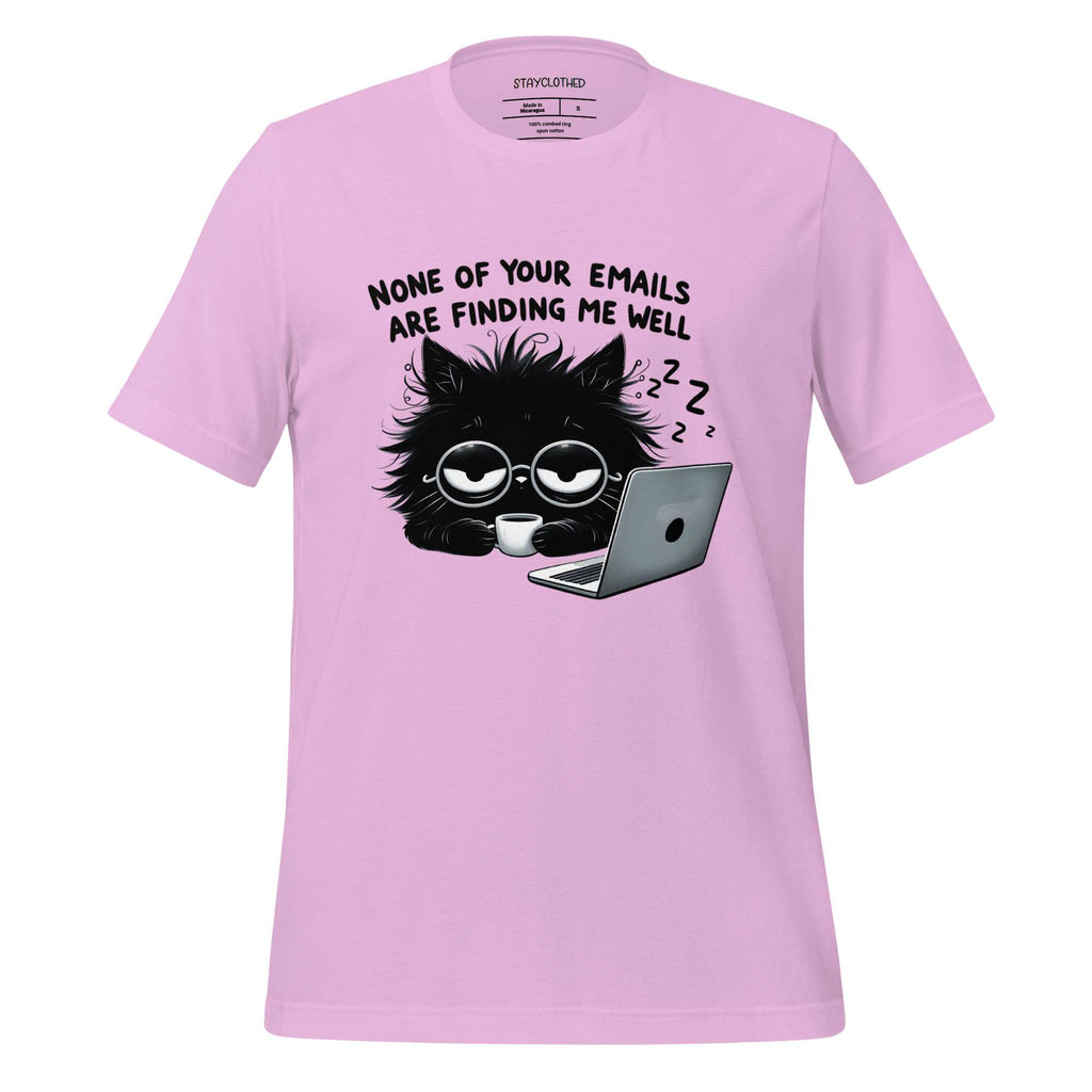 Pink t-shirt with a black cat graphic and text on a wooden surface, featuring the brand 'StayClothed'.