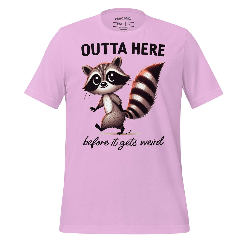 Pink t-shirt with a raccoon graphic and text on a wooden surface, featuring the brand 'StayClothed'.