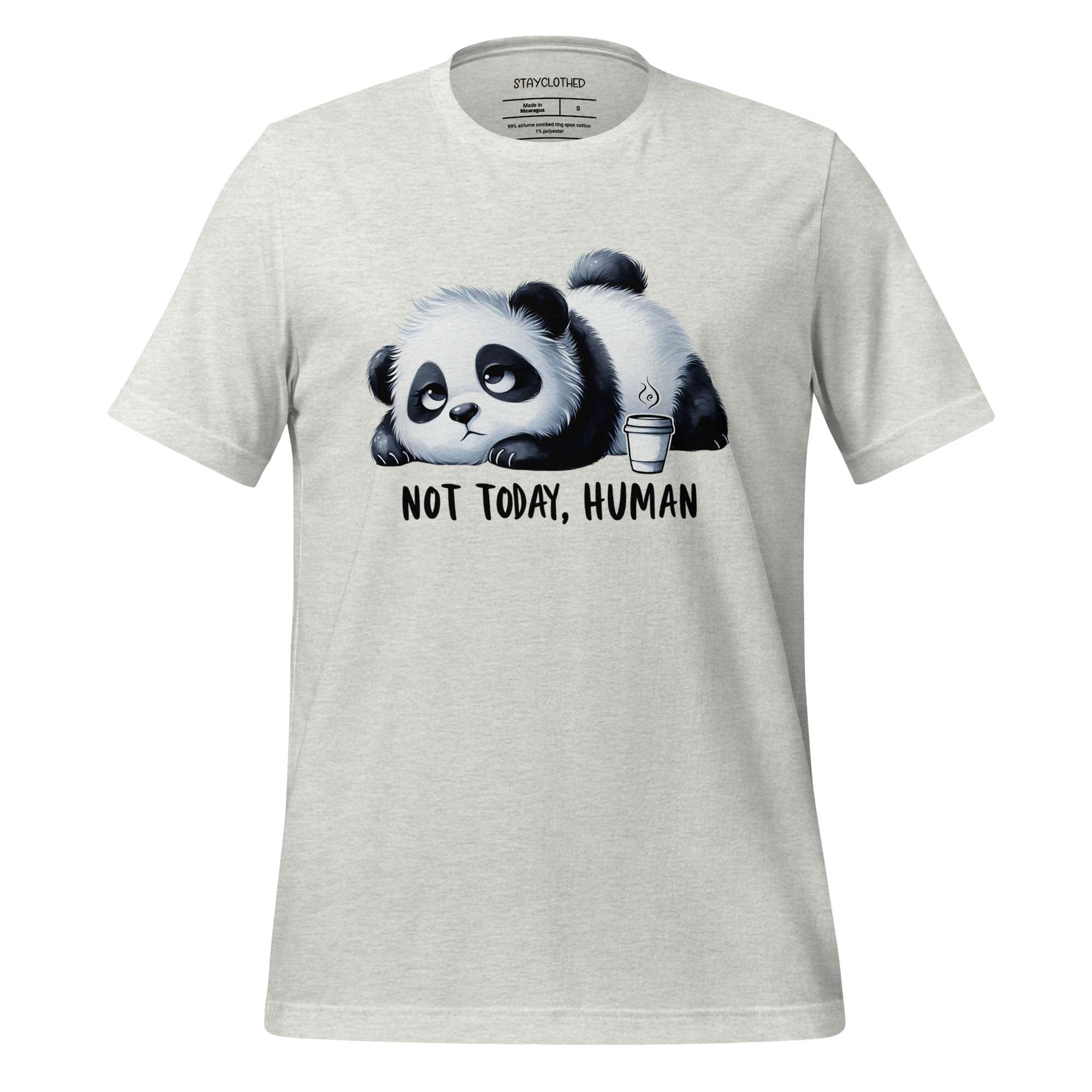 White t-shirt with a panda graphic and 'Not Today, Human' text on a wooden surface, featuring the brand 'StayClothed'.