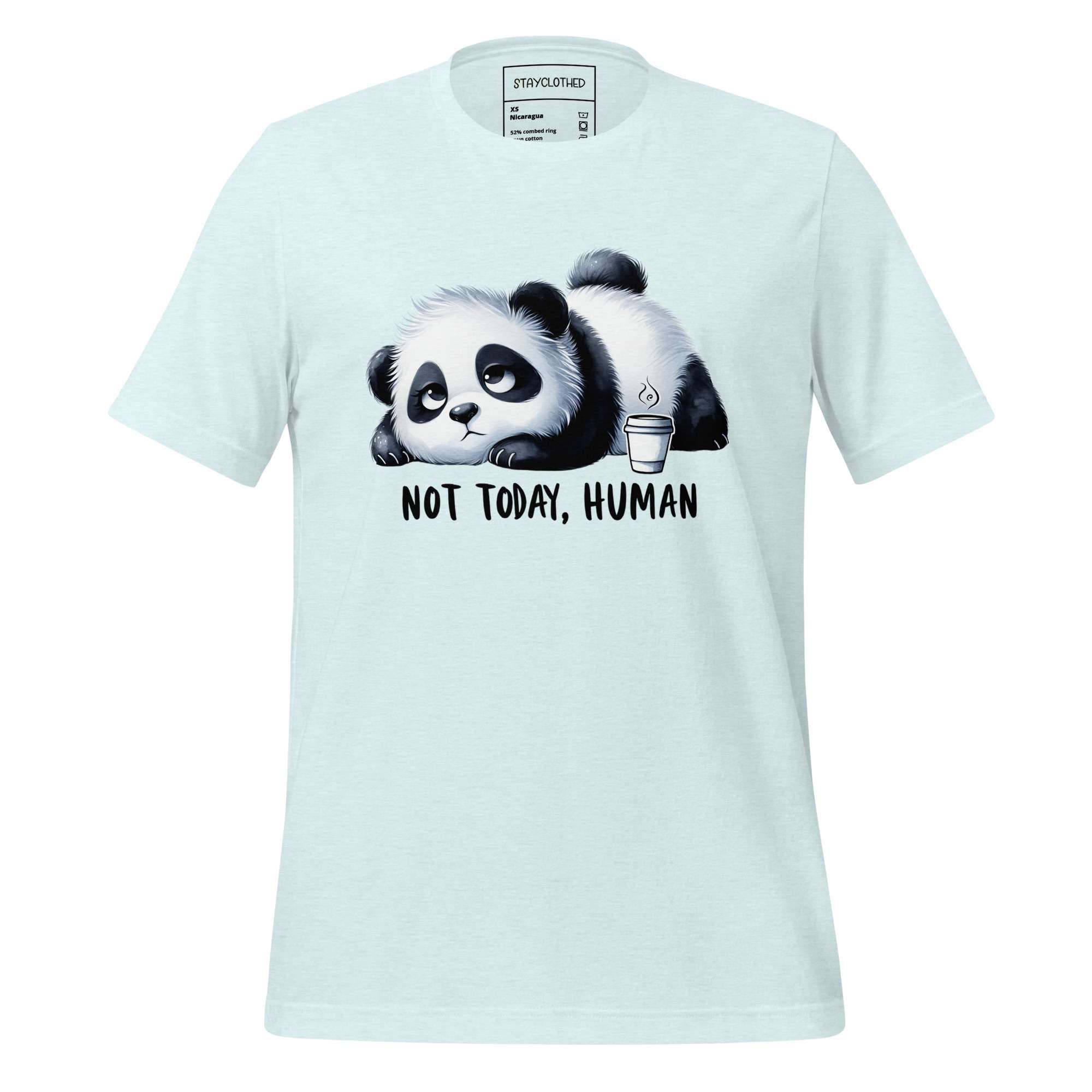 White t-shirt with a panda graphic and 'Not Today, Human' text on a wooden surface, featuring the brand 'StayClothed'.