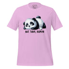 Pink t-shirt with a panda graphic and 'Not Today, Human' text on a wooden surface, branded 'StayClothed'.