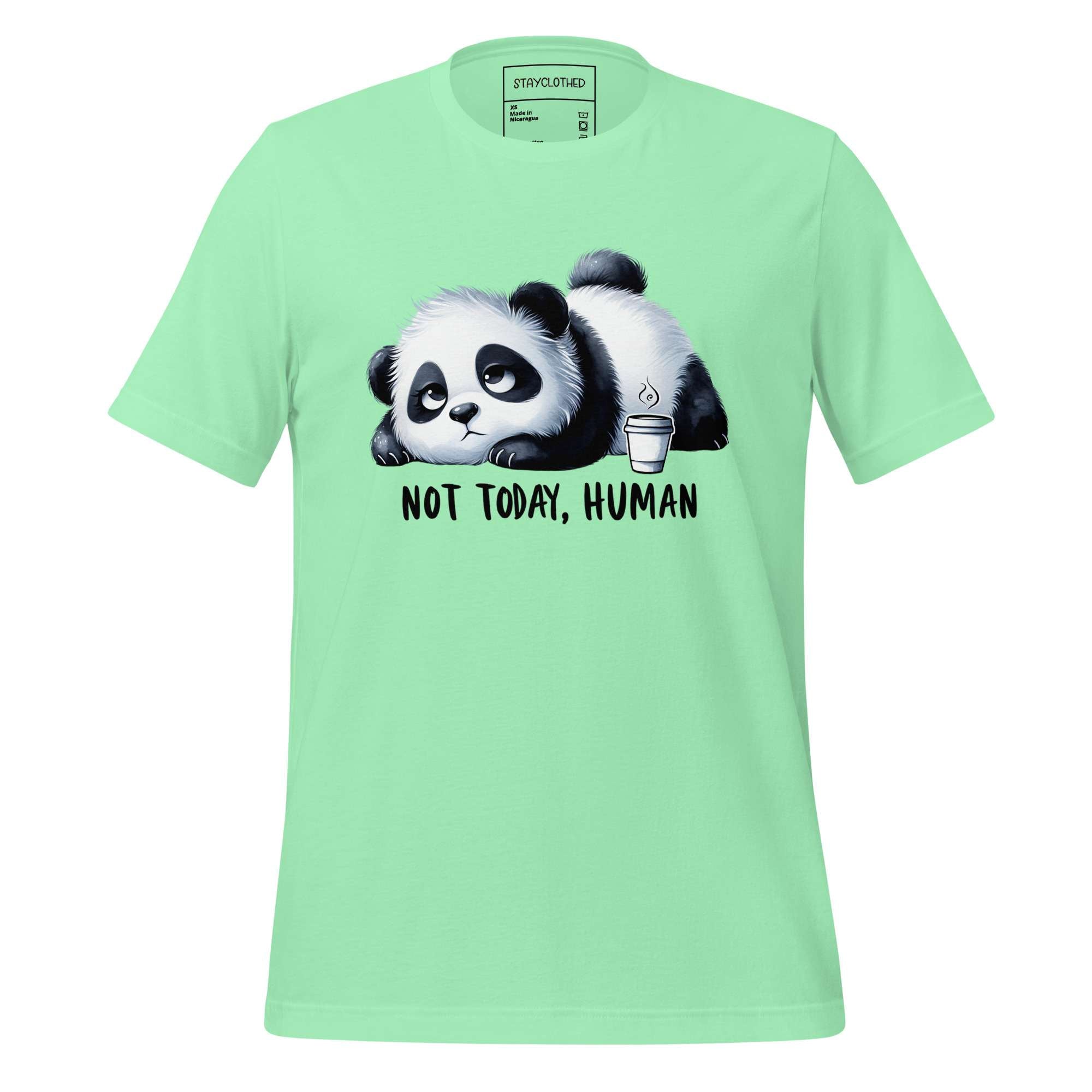 Light green t-shirt with a panda graphic and text 'Not Today, Human' on a wooden surface, branded 'StayClothed'.