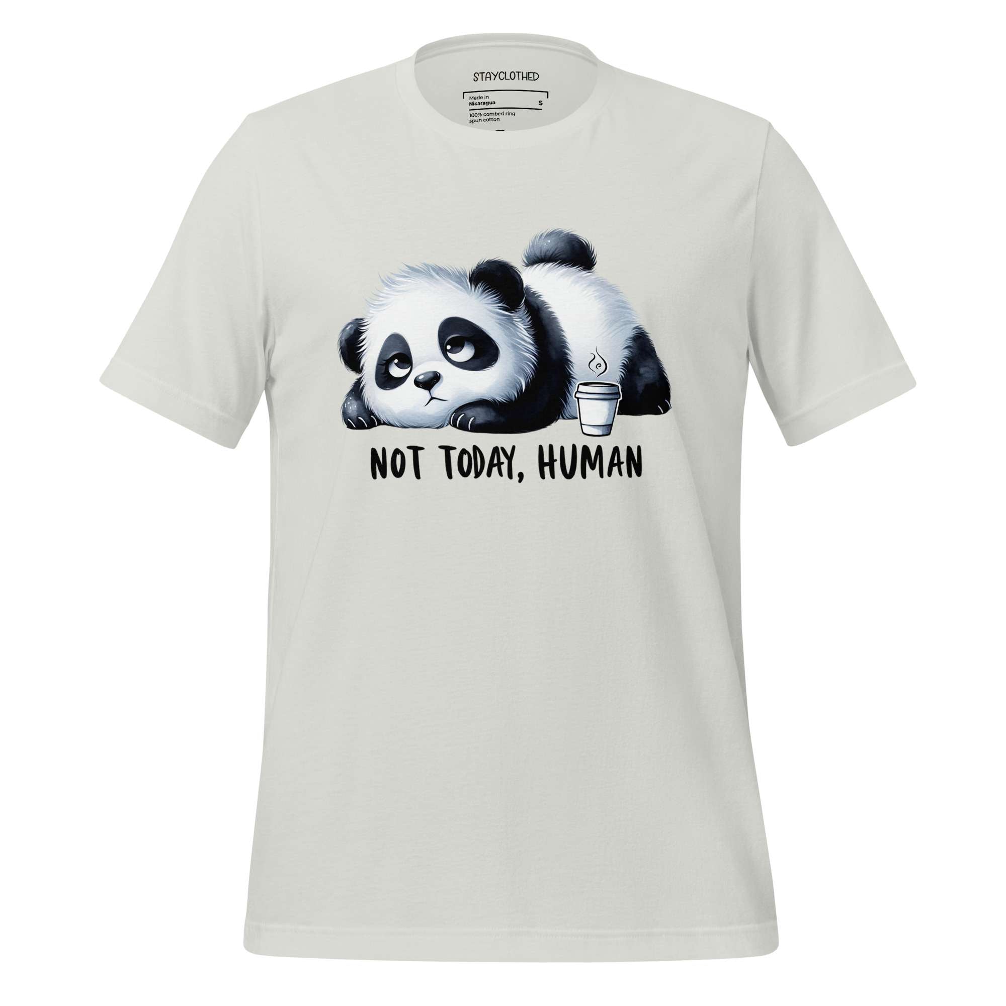 White t-shirt with a panda graphic and 'Not Today, Human' text on a wooden surface, branded 'StayClothed'.