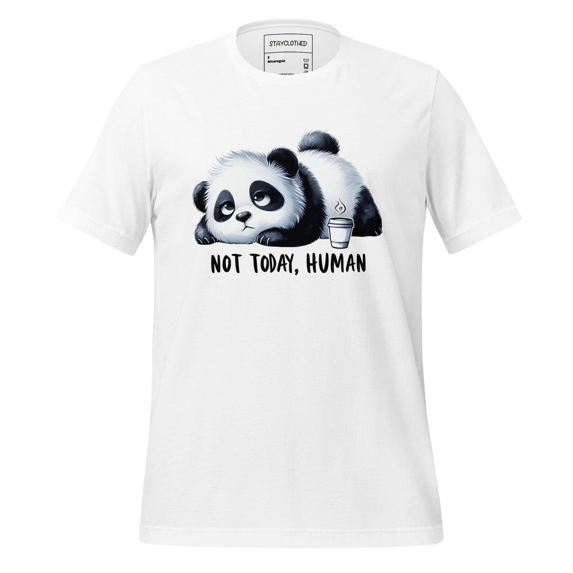 White t-shirt with a panda graphic and 'Not Today, Human' text on a wooden surface, featuring the brand 'StayClothed'.