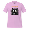 Pink t-shirt with a cartoon cat holding a coffee cup on a wooden surface, featuring the brand 'StayClothed'.