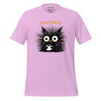 Pink t-shirt with a cartoon cat holding a coffee cup on a wooden surface, featuring the brand 'StayClothed'.