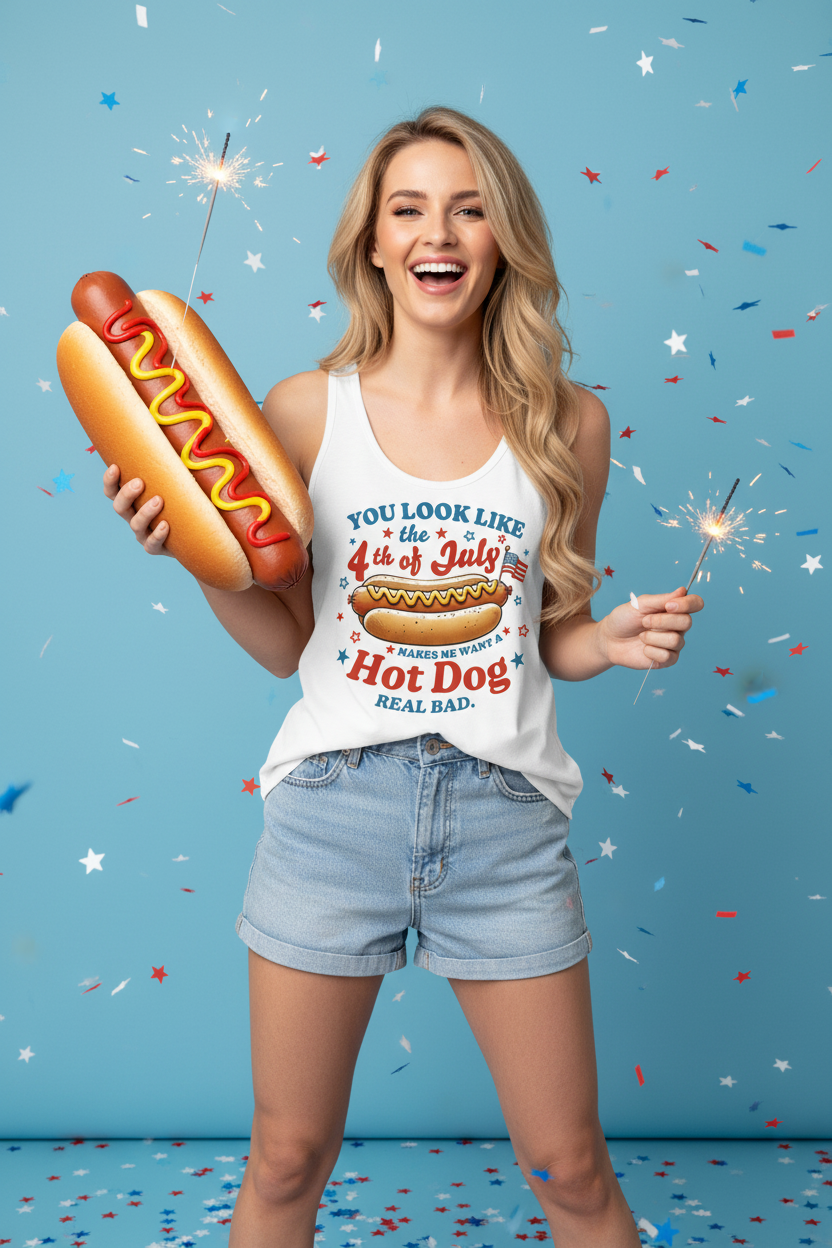 Model wearing the Fourth of July Hot Dog Racerback Tank Top in a blue studio scene holding a hot dog prop