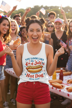 Model wearing the Fourth of July Hot Dog Racerback Tank Top in a festive patriotic crowd scene