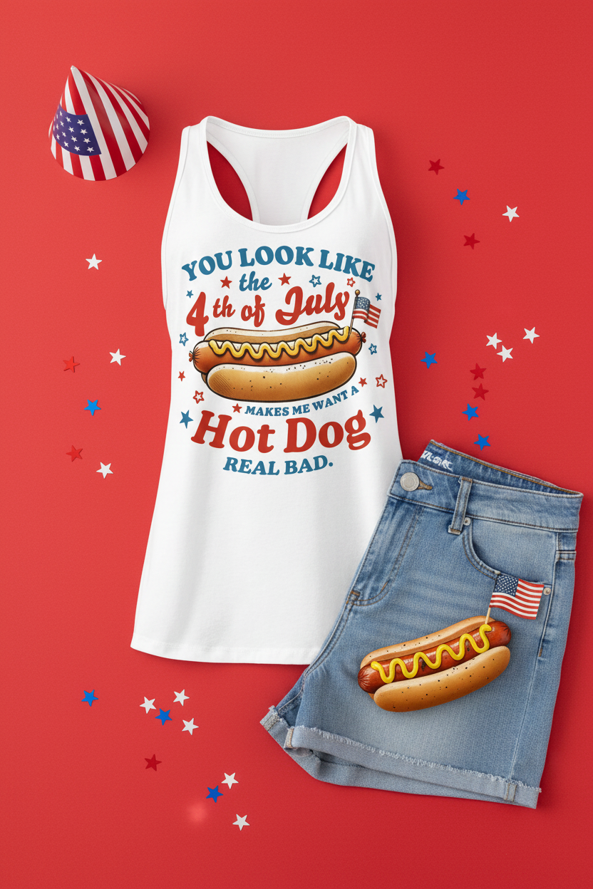 Fourth of July Hot Dog Racerback Tank Top flat lay styled with denim shorts and a hot dog on a red background