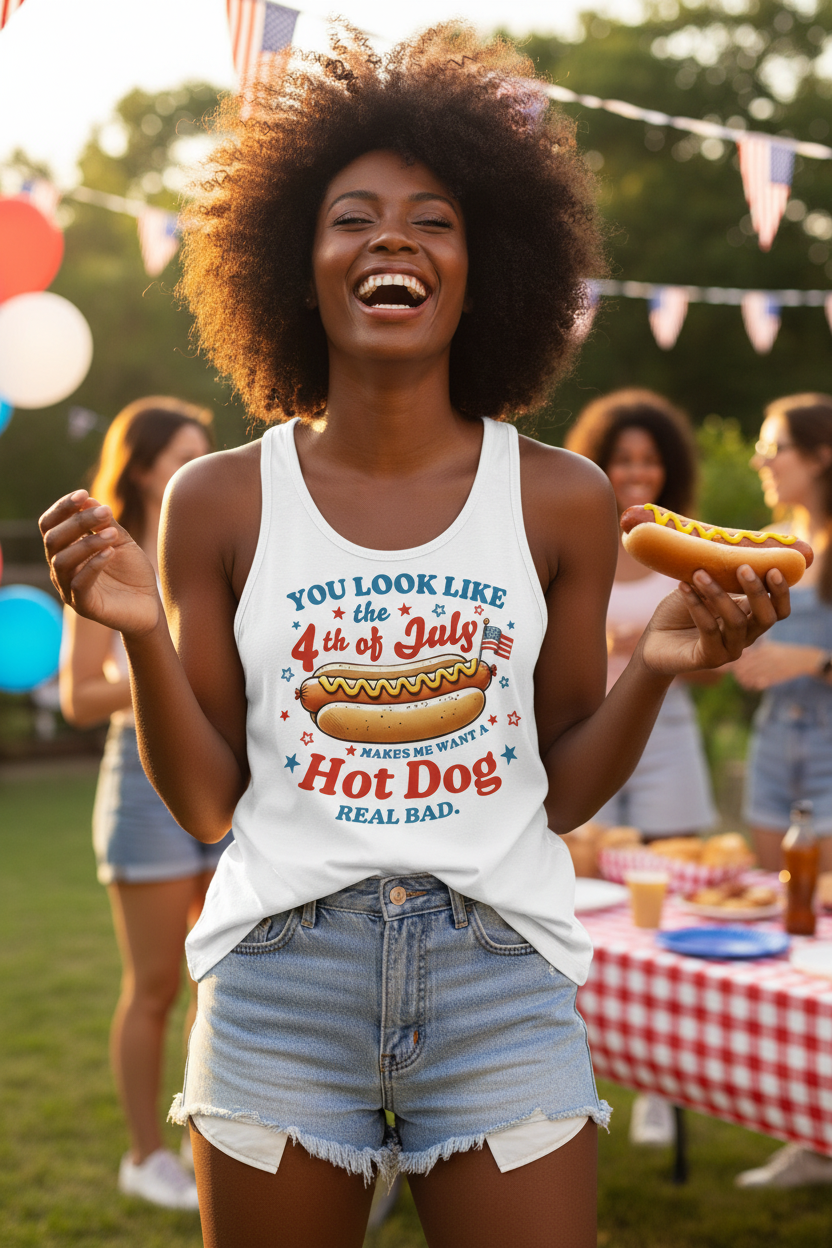 Model wearing the Fourth of July Hot Dog Racerback Tank Top at an outdoor picnic with red white and blue styling