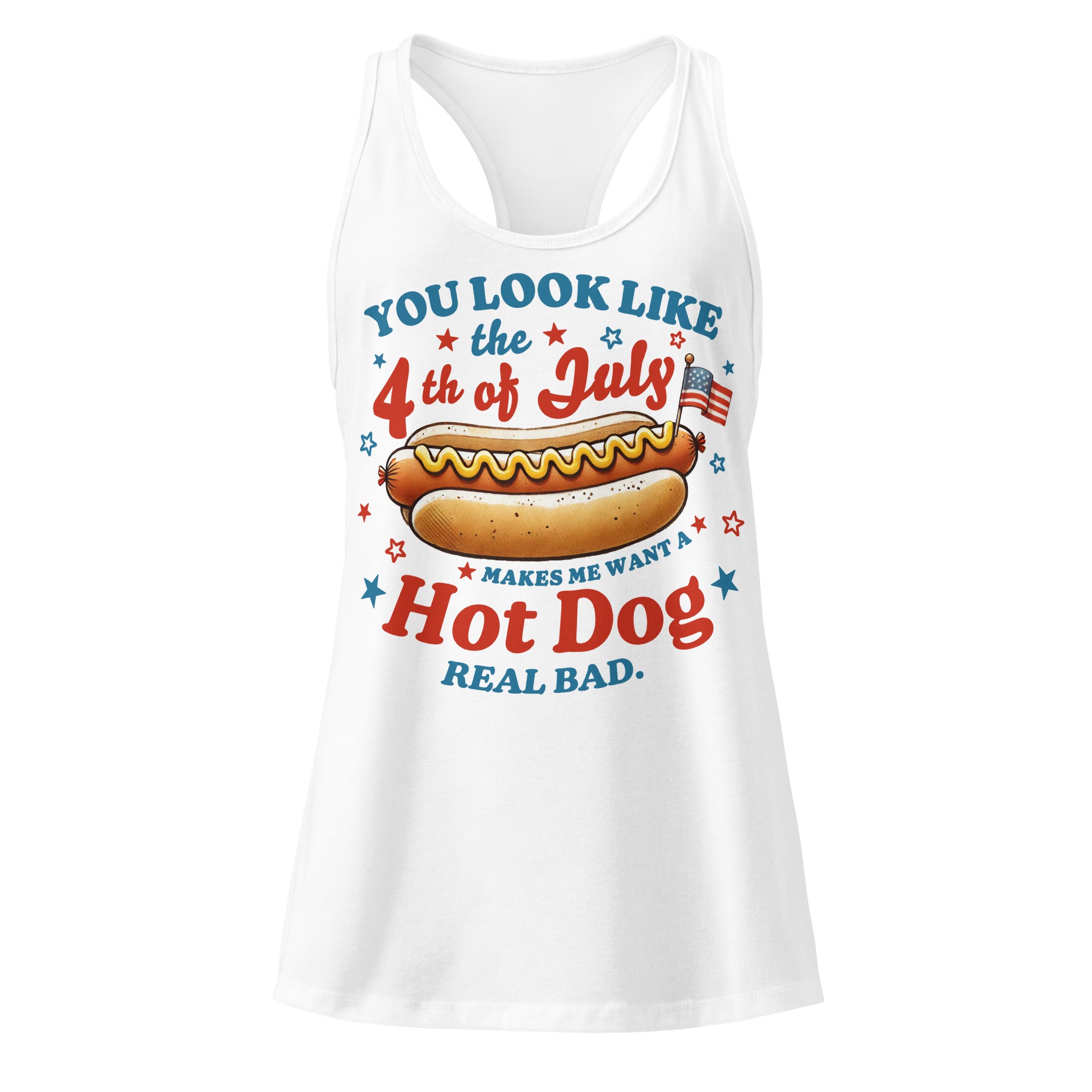 Fourth of July Hot Dog white racerback tank top front product mockup with patriotic hot dog graphic