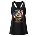 Freedom 250 Eagle black racerback tank top front product mockup with patriotic eagle and American flag anniversary graphic