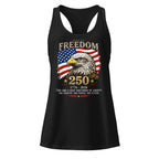 Freedom 250 Eagle black racerback tank top front product mockup with patriotic eagle and American flag anniversary graphic