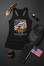 Freedom 250 Eagle Racerback Tank Top flat lay styled with an American flag on a black background