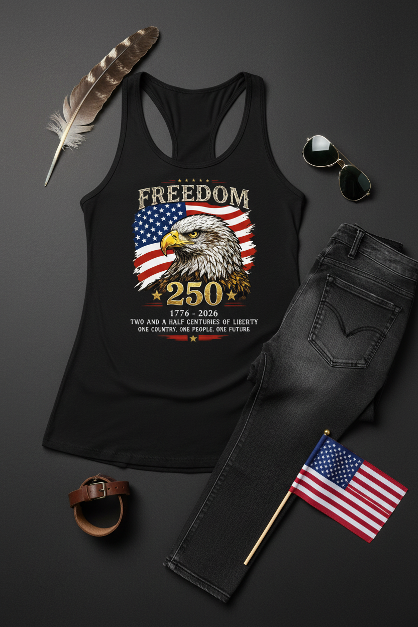 Freedom 250 Eagle Racerback Tank Top flat lay styled with an American flag on a black background