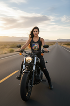 Model wearing the Freedom 250 Eagle Racerback Tank Top beside a motorcycle on an open road