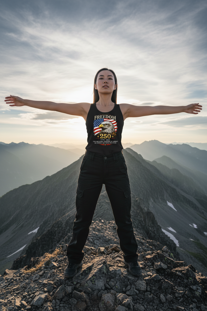 Model wearing the Freedom 250 Eagle Racerback Tank Top on a mountain summit with arms outstretched