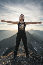 Model wearing the Freedom 250 Eagle Racerback Tank Top on a mountain summit with arms outstretched