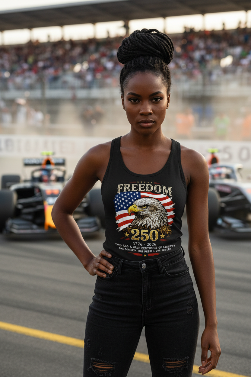 Model wearing the Freedom 250 Eagle Racerback Tank Top by the waterfront