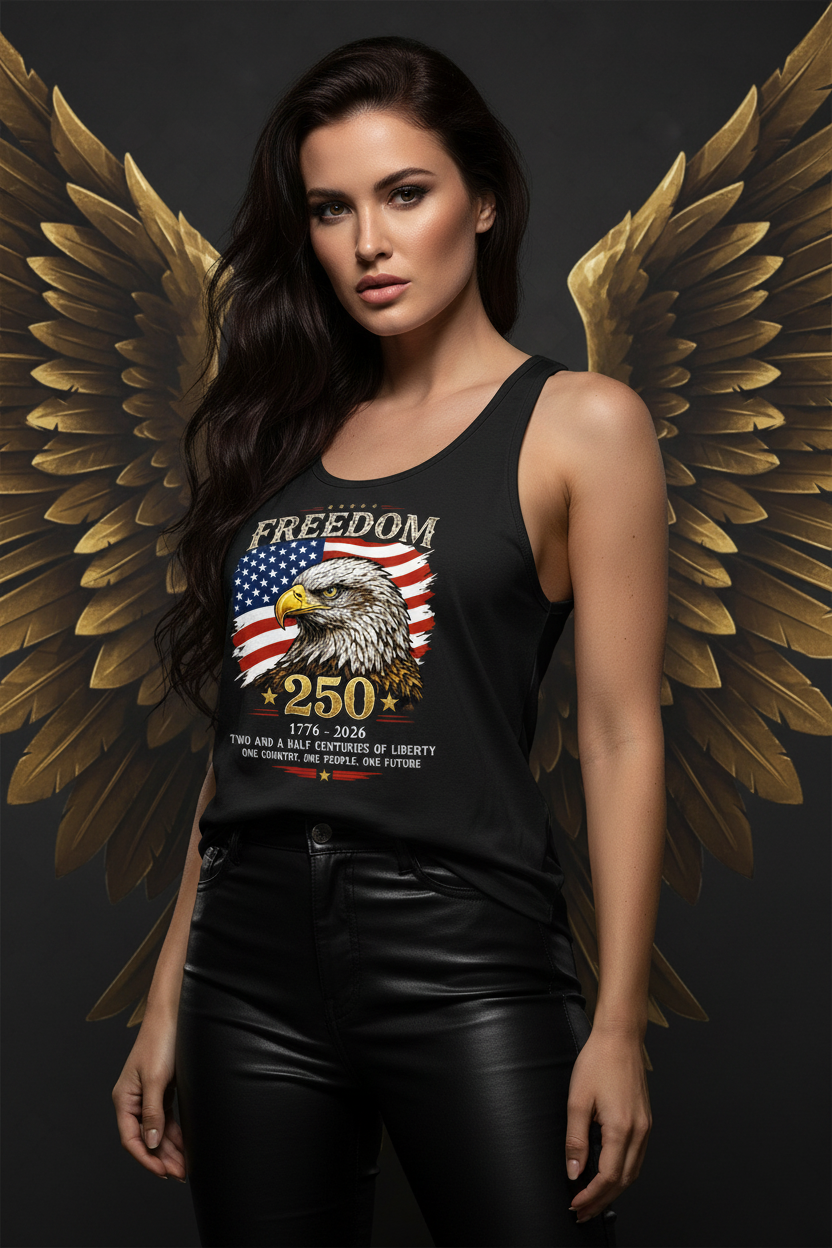 Model wearing the Freedom 250 Eagle Racerback Tank Top in a dark studio scene with gold wings
