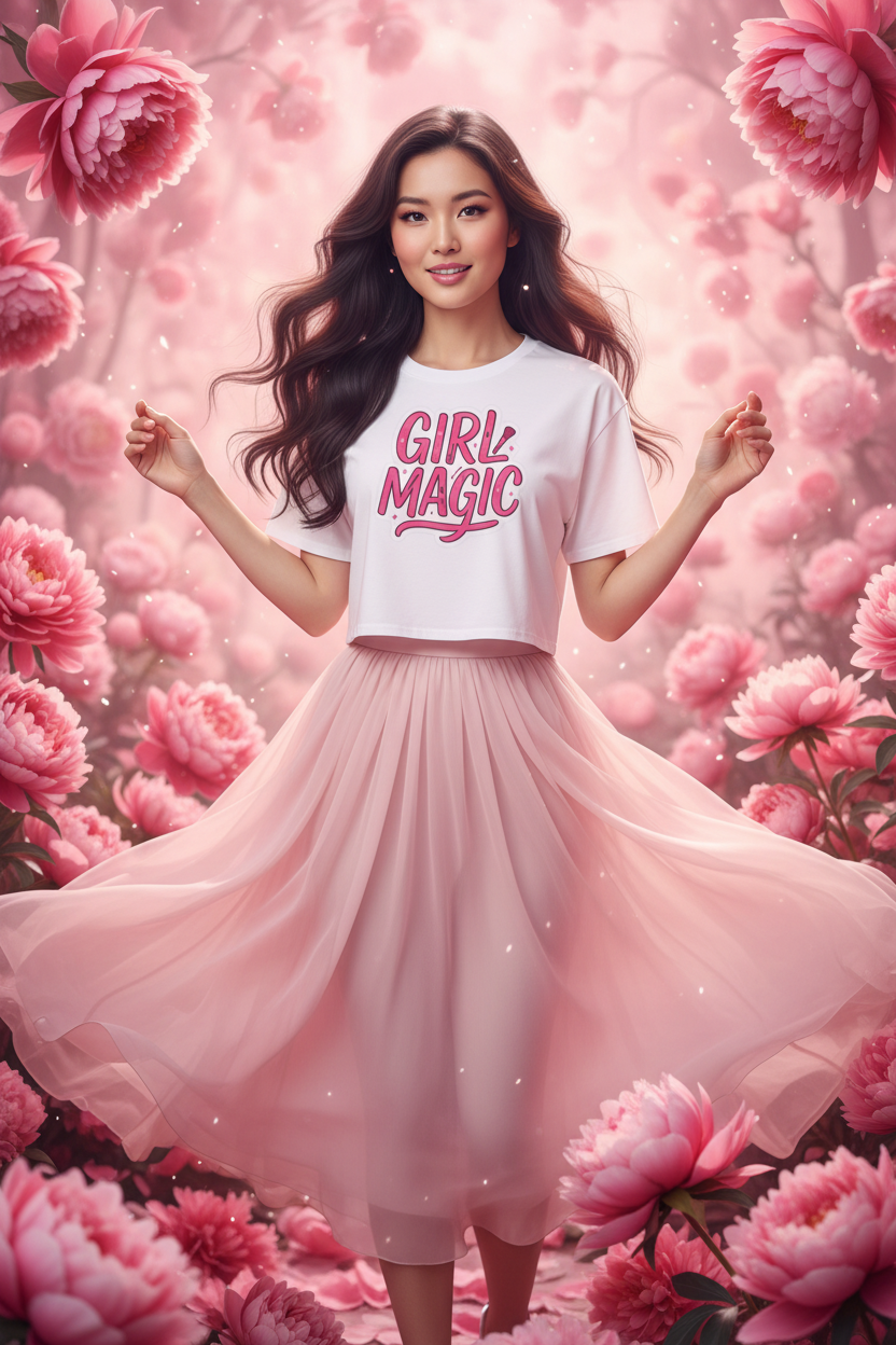 Model wearing the Girl Magic Pink Graphic Crop Top in a pink floral studio scene with a flowing skirt