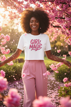 Model wearing the Girl Magic Pink Graphic Crop Top in a pink flower garden scene