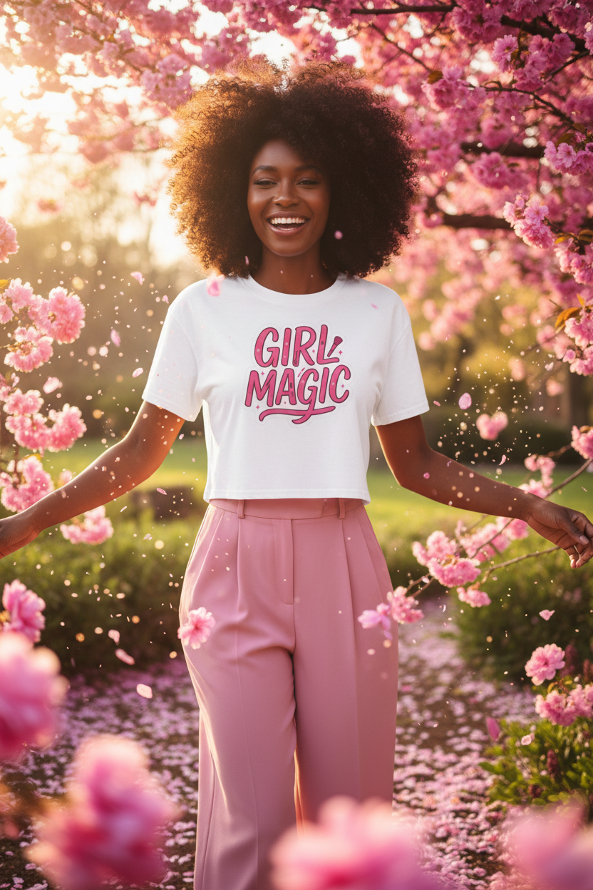 Model wearing the Girl Magic Pink Graphic Crop Top in a pink flower garden scene