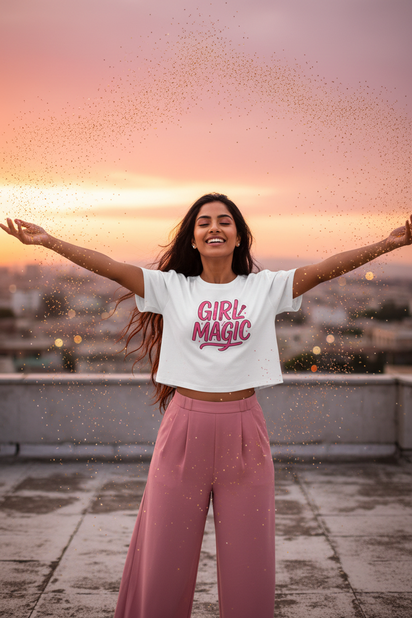 Model wearing the Girl Magic Pink Graphic Crop Top with pink trousers in a sunset rooftop scene