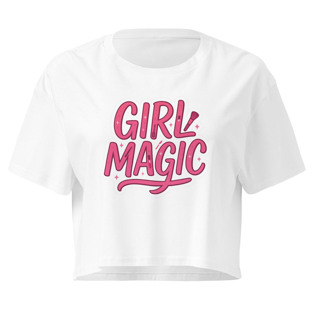 Girl Magic Pink Graphic white crop top front product mockup with pink lettering and sparkle graphic