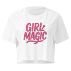 Girl Magic Pink Graphic white crop top front product mockup with pink lettering and sparkle graphic
