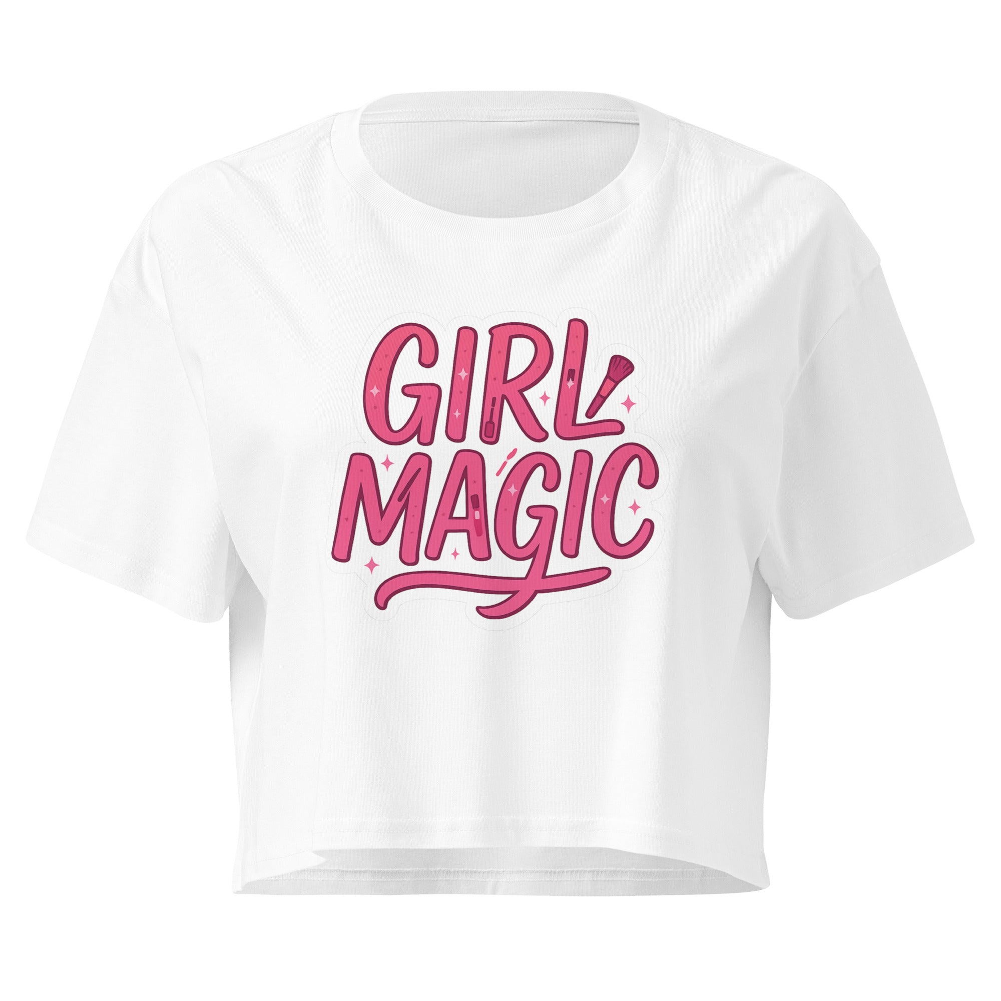 Girl Magic Pink Graphic white crop top front product mockup with pink lettering and sparkle graphic
