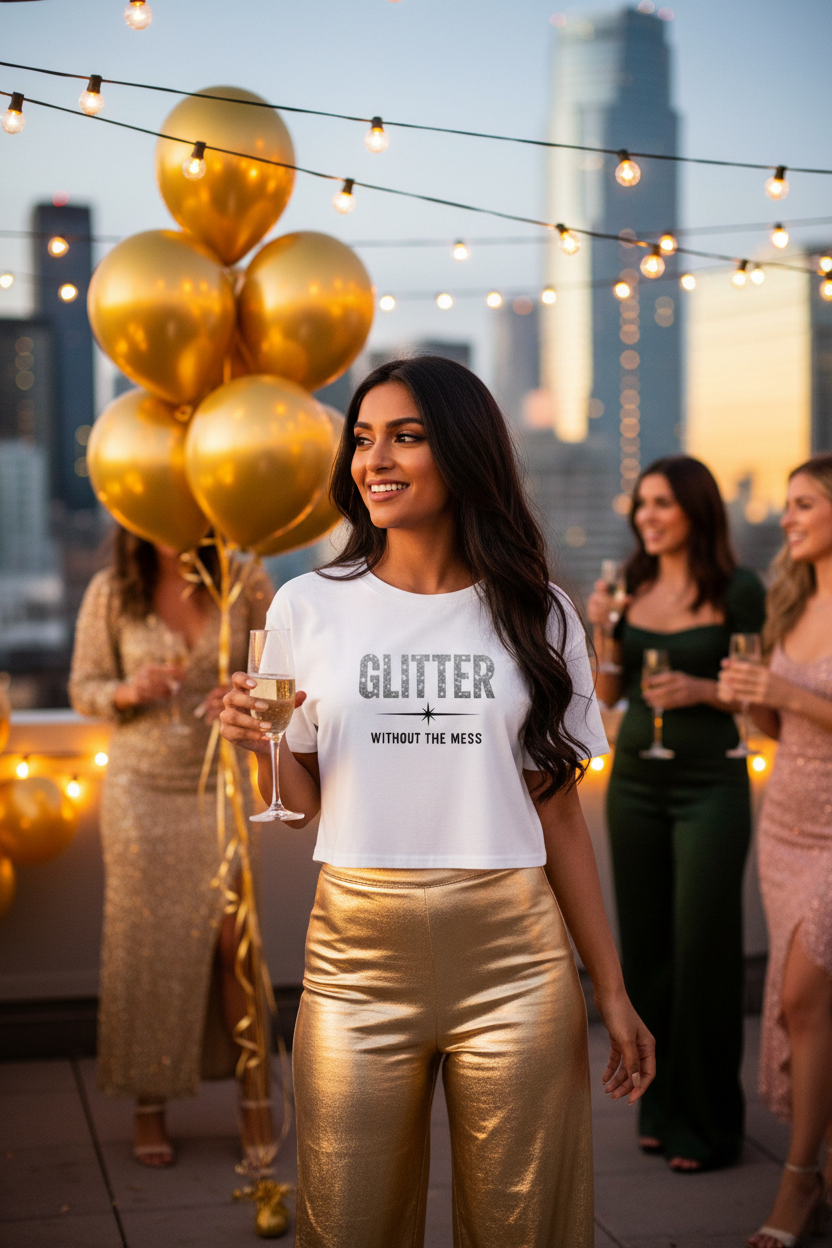 Model wearing the Glitter Without The Mess Crop Top at a balloon party scene with gold balloons