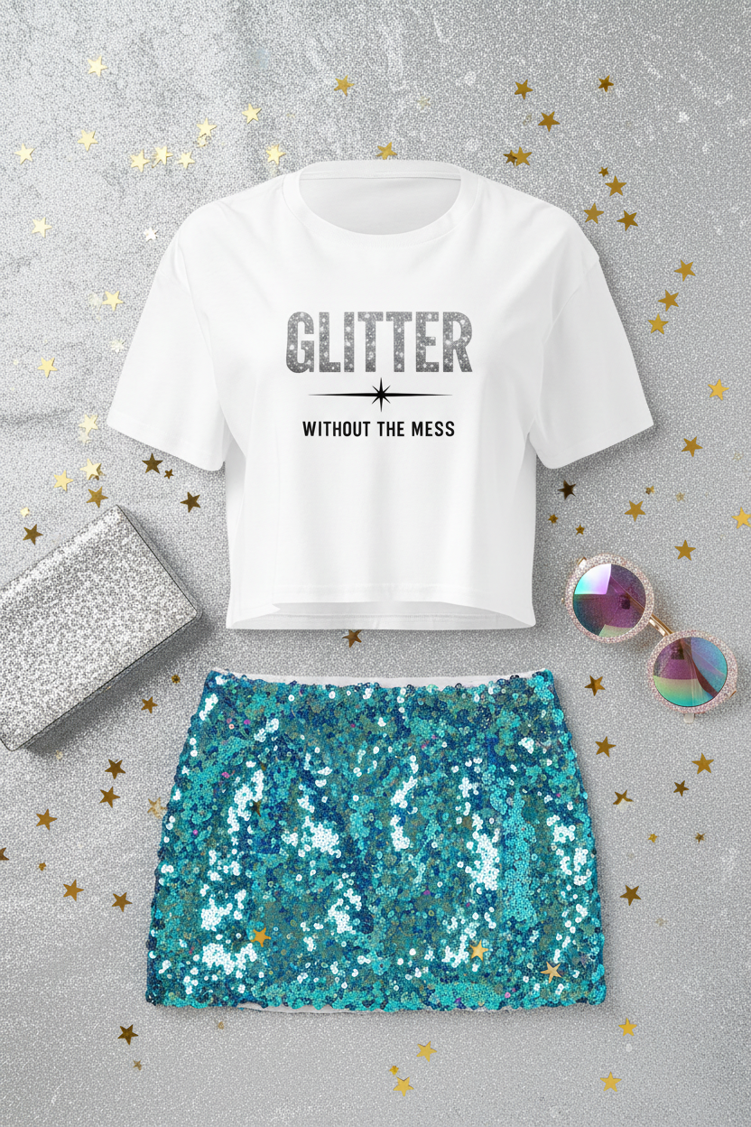 Glitter Without The Mess Crop Top flat lay styled with a blue sequin skirt