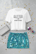 Glitter Without The Mess Crop Top flat lay styled with a blue sequin skirt