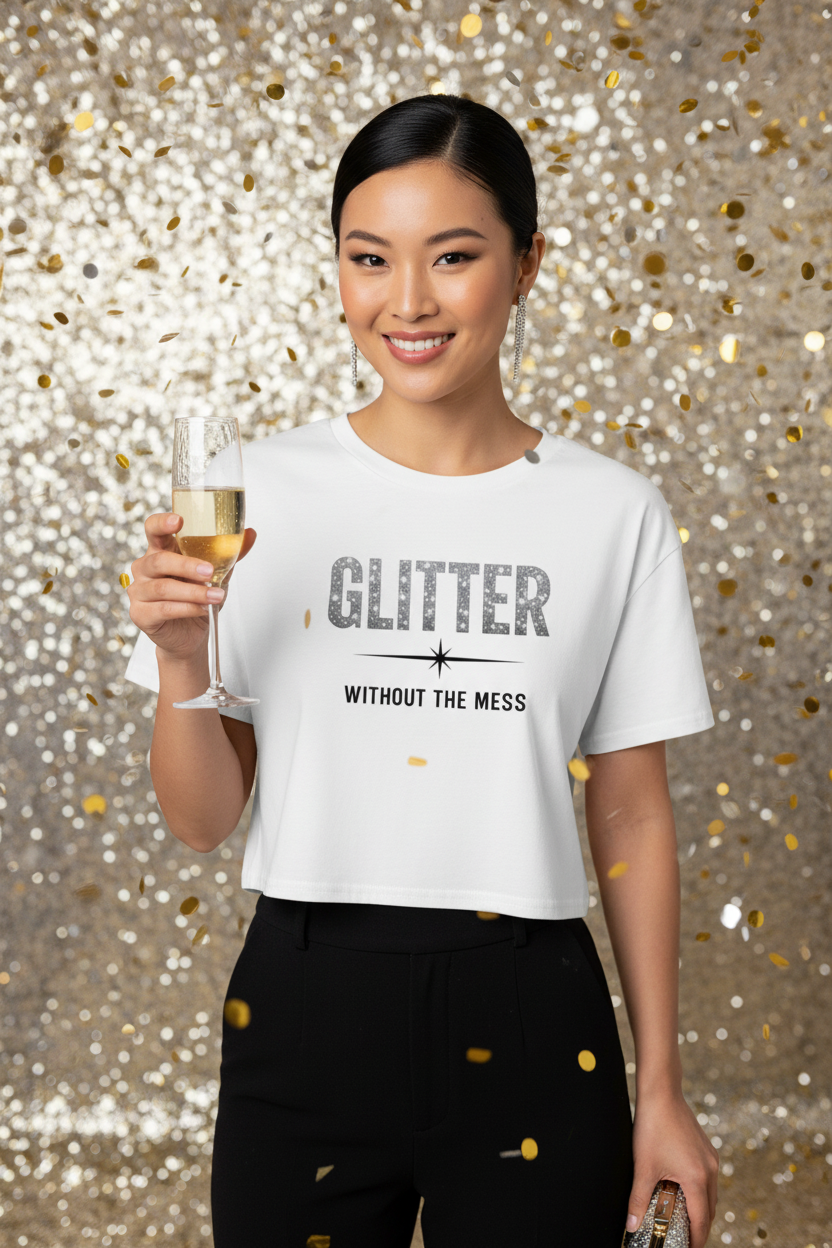 Model wearing the Glitter Without The Mess Crop Top in front of a gold glitter backdrop