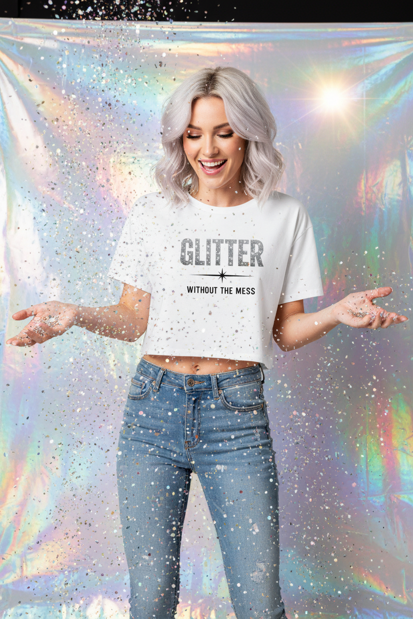 Model wearing the Glitter Without The Mess Crop Top in a holographic studio scene