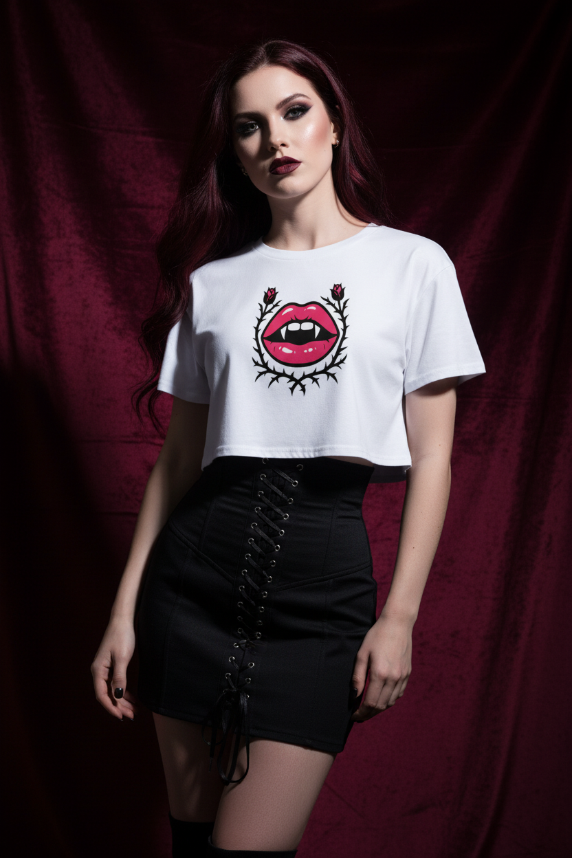 Model wearing the Gothic Rose Lips Crop Top with black trousers in a burgundy studio scene