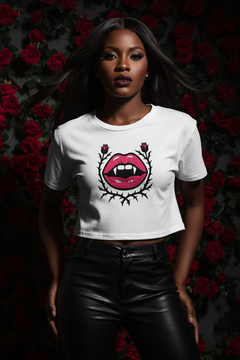 Model wearing the Gothic Rose Lips Crop Top in a dark rose studio scene
