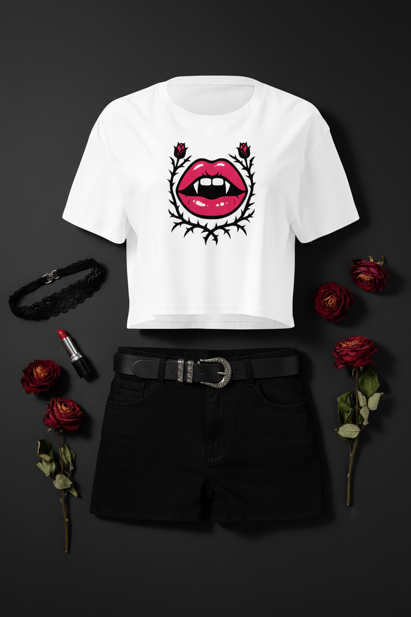 Gothic Rose Lips Crop Top flat lay styled with black trousers and red roses