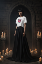 Model wearing the Gothic Rose Lips Crop Top in a gothic candlelit scene with a black skirt